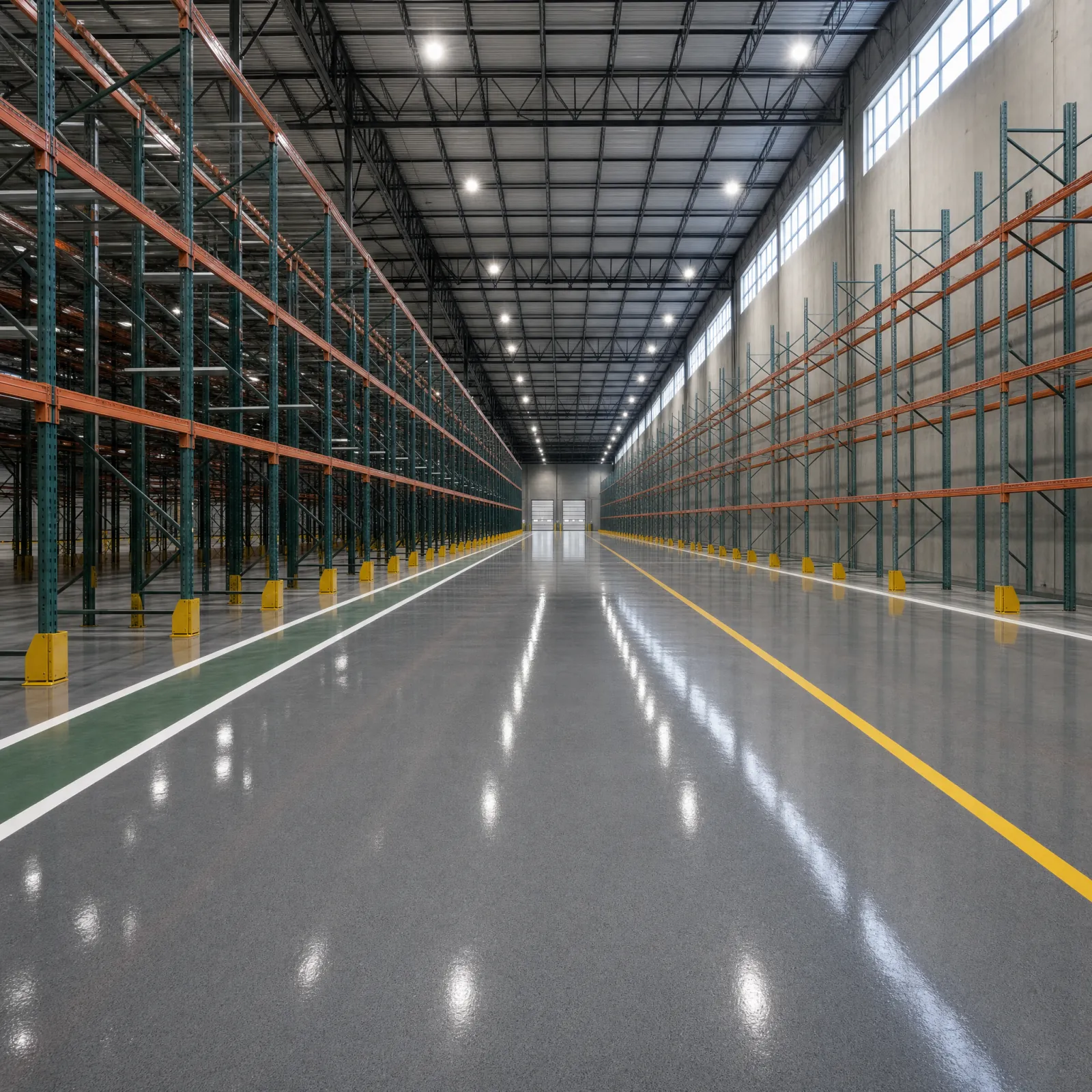 Warehouse epoxy floor coating with safety line striping