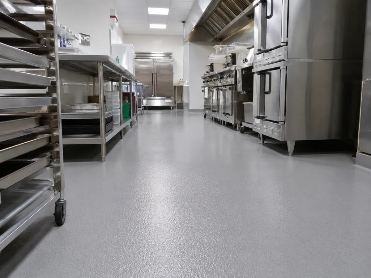 Commercial kitchen quartz broadcast epoxy flooring