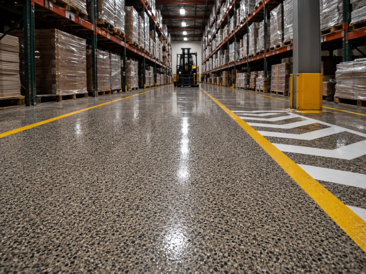 Industrial concrete floor coating in a warehouse corridor